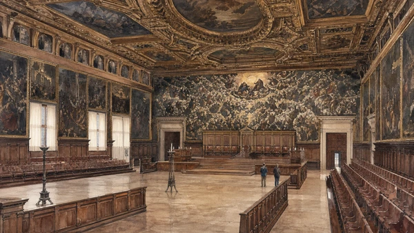 Original documentary watercolour of the Great Council Chamber, assembly benches, ceiling and Tintoretto's Paradiso
