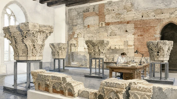 Original documentary watercolour of original Gothic capitals, earlier masonry and conservation work in the Museo dell'Opera