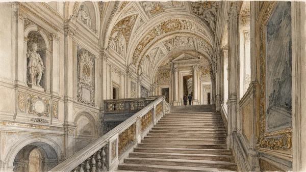 Original documentary watercolour looking up the Scala d'Oro and its decorated vaults in Palazzo Ducale