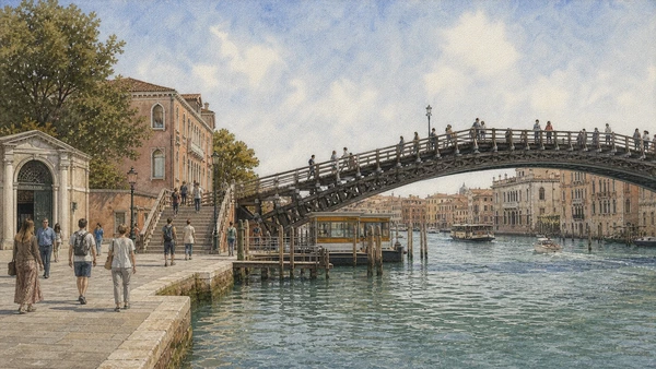 Original documentary watercolour of Accademia Bridge, vaporetto landing and pedestrian approach in Dorsoduro