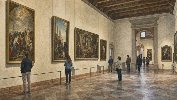 Original documentary watercolour of the Gallerie dell'Accademia's historic rooms and Venetian painting display