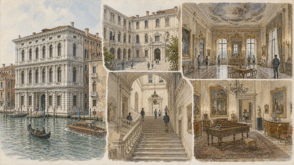 Original documentary watercolour cutaway of Ca' Rezzonico from canal entrance and courtyard to stair and museum rooms