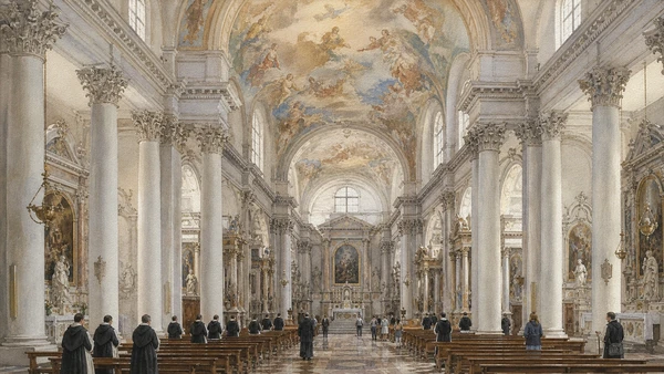 Original documentary watercolour of the Gesuati nave, Dominican worship, side altars and painted ceiling