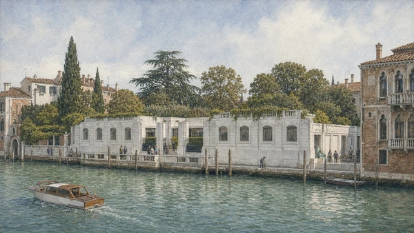 Original documentary watercolour of low Palazzo Venier dei Leoni, canal terrace, garden and museum visitors