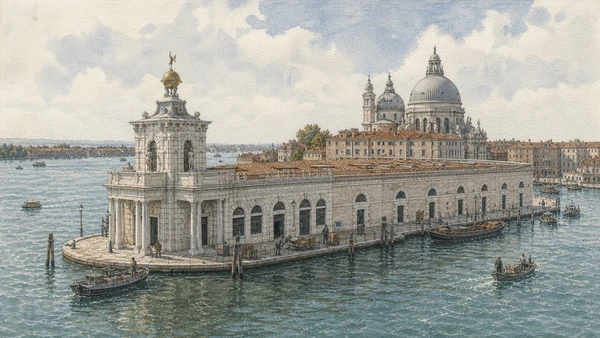 Original documentary watercolour of Punta della Dogana, customs warehouses, globe tower and water approaches