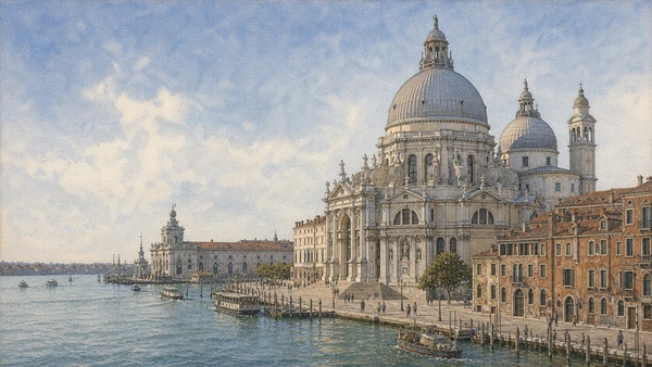 Original documentary watercolour of Santa Maria della Salute, its steps, dome and waterfront position