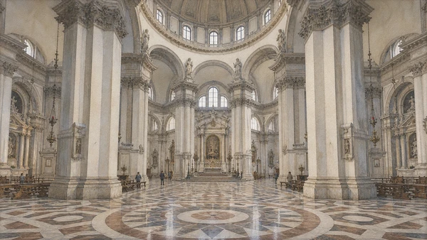 Original documentary watercolour of the luminous octagonal interior, chapels and main altar of Santa Maria della Salute