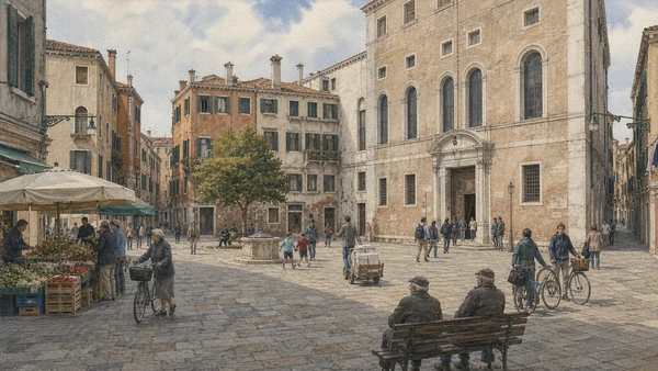 Original documentary watercolour of Campo Santa Margherita with market, students, residents, handcart and university entrance