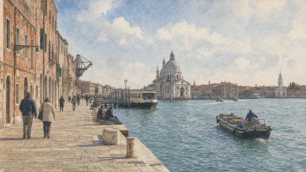 Original documentary watercolour of the Zattere waterfront with residents, vaporetto, freight boat and Giudecca Canal