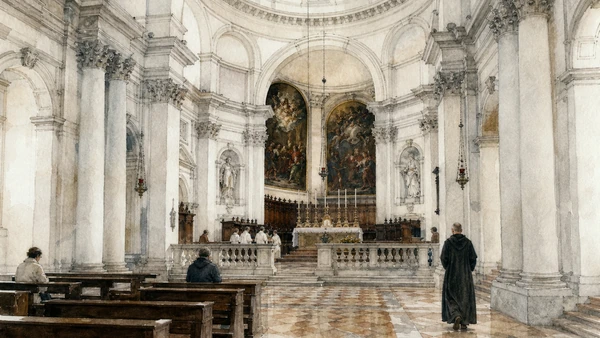 Original documentary watercolour of San Giorgio Maggiore's Palladian interior, Benedictine worship and sanctuary paintings