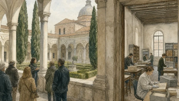Original documentary watercolour of a Fondazione Cini cloister, guided visitors and archivists working with collections