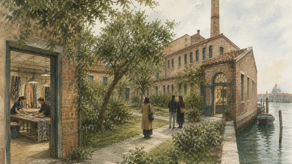 Original documentary watercolour of Fortuny's Giudecca factory, garden, showroom visitors and private textile work