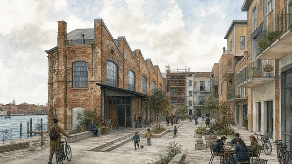 Original documentary watercolour of ex-Junghans factory fabric, contemporary housing, residents and theatre use