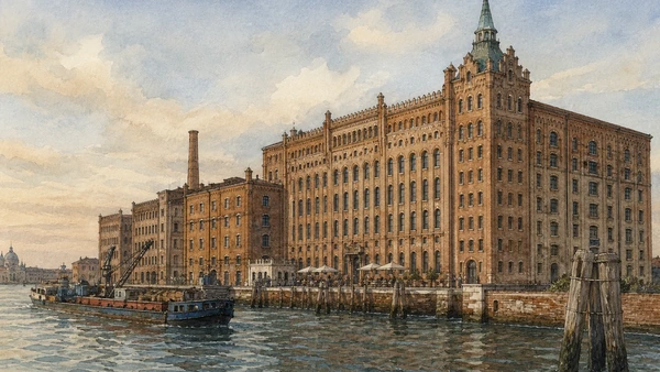 Original documentary watercolour of Molino Stucky's industrial brick complex, freight edge and adaptive hotel reuse