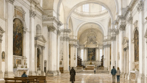Original documentary watercolour of the luminous Palladian interior and Capuchin use of the Redentore