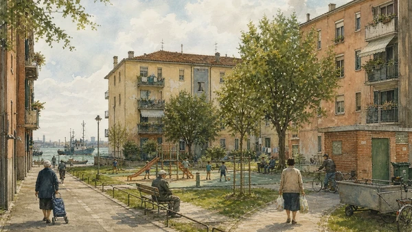 Original documentary watercolour of Sacca Fisola housing, playground, residents, bicycles and lagoon services