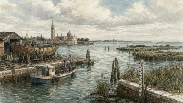 Original documentary watercolour of a working boatyard, repaired embankment, channel markers and southern-lagoon wetlands