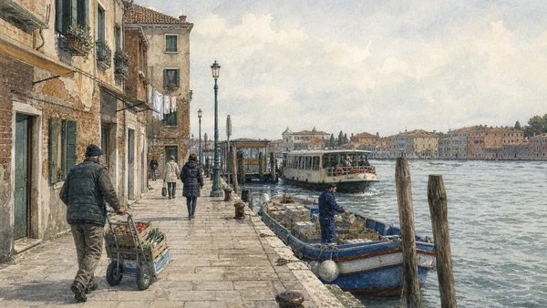Original documentary watercolour of Giudecca residents, groceries, vaporetto and freight on the northern waterfront