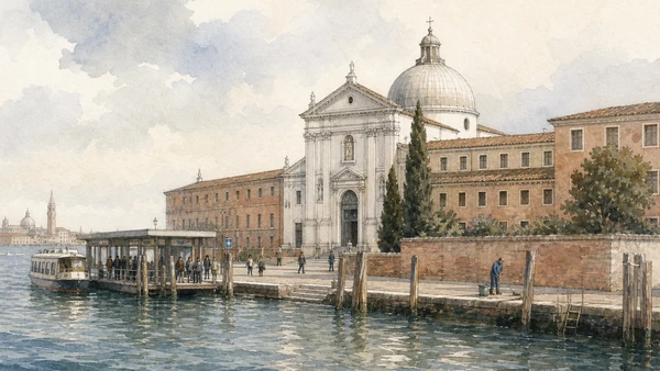 Original documentary watercolour of Le Zitelle church, institutional wings, vaporetto stop and active waterfront