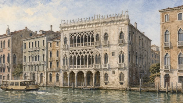 Original documentary watercolour of Ca' d'Oro showing the Gothic loggias, water entrance and asymmetrical façade