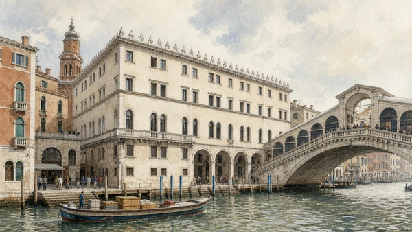 Original documentary watercolour of the Fondaco dei Tedeschi beside Rialto with its courtyard and canal landing