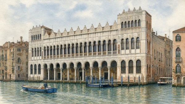 Original documentary watercolour of the Fondaco dei Turchi façade and landing on the Grand Canal