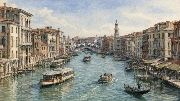Documentary watercolour for Grand Canal, Rialto Bridge and Markets