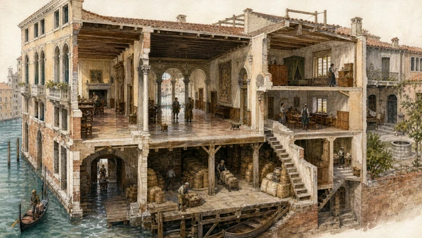Original documentary watercolour cutaway of a Venetian merchant palace from water gate and warehouse to portego and upper residence