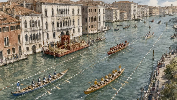 Original documentary watercolour of ceremonial boats and traditional rowing races during the Regata Storica