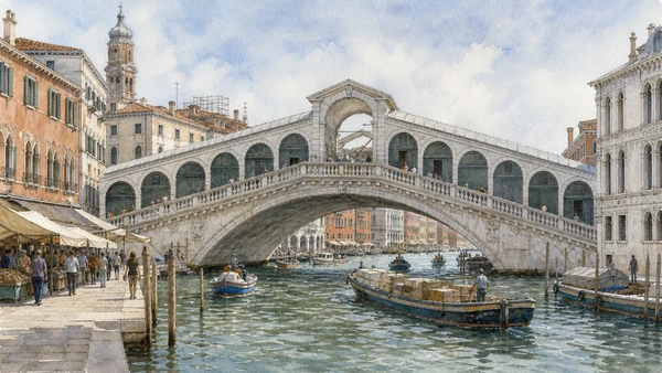 Original documentary watercolour of Rialto Bridge showing its single arch, shop rows, steps and passing boats