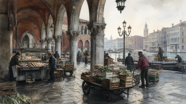 Original documentary watercolour of the Rialto Pescheria, produce stalls and delivery boats during morning market work