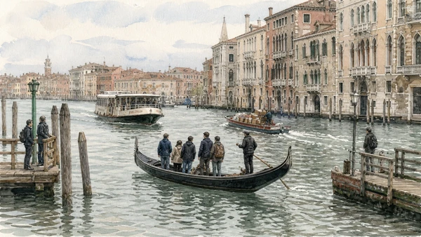 Original documentary watercolour of a traghetto crossing between a vaporetto and working boats on the Grand Canal