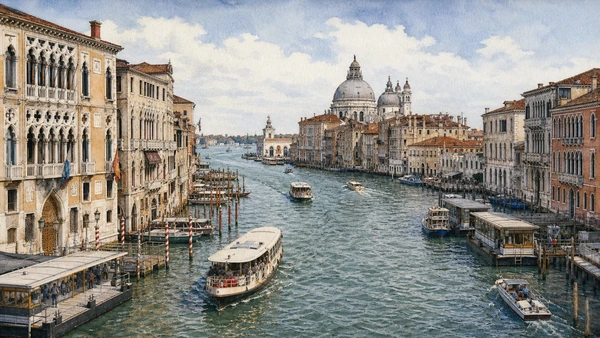 Original documentary watercolour of the Grand Canal bend between palace fronts, Accademia and Salute