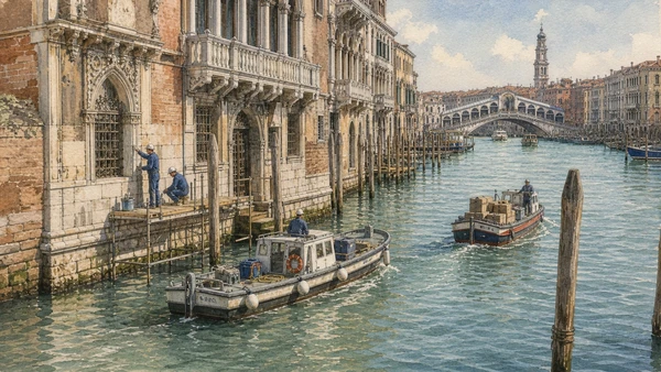 Original documentary watercolour of slow freight and municipal boats beside workers conserving a Grand Canal palace waterline