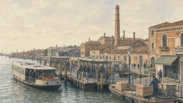 Original documentary watercolour of Murano Colonna vaporetto landing, commuters and delivery boats