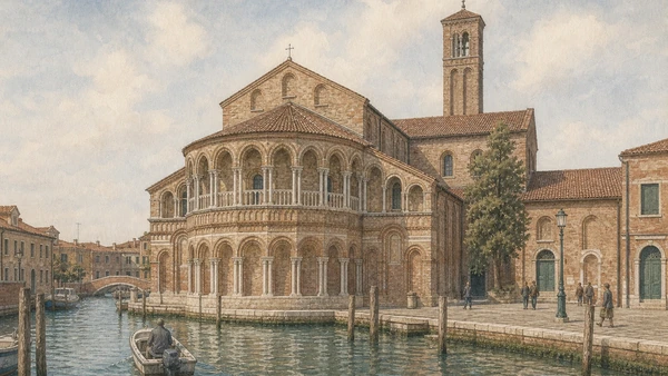 Original documentary watercolour of the Romanesque apse and canal setting of Santi Maria e Donato