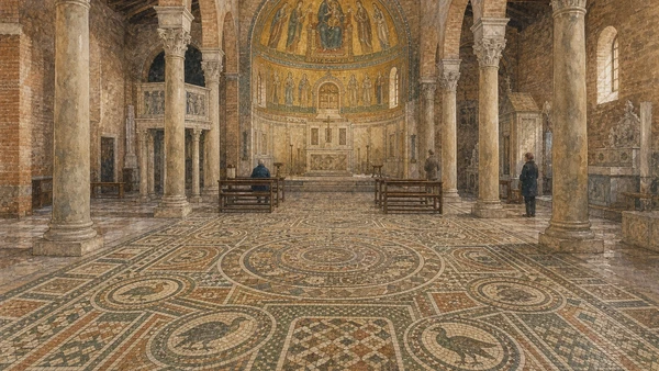 Original documentary watercolour of the twelfth-century mosaic pavement and apse inside Santi Maria e Donato