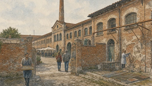 Original documentary watercolour of Murano's former Conterie factory, chimney, craft activity and conservation work