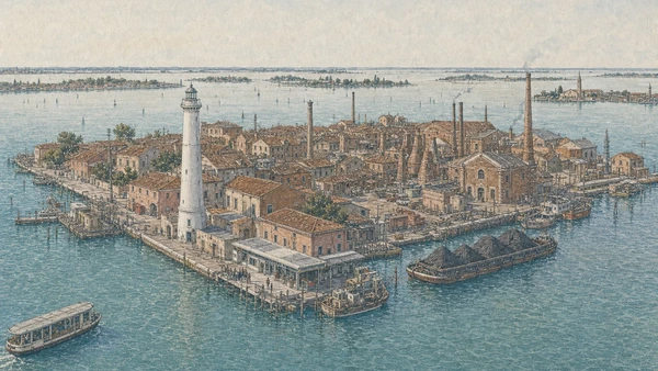 Original documentary watercolour of Murano Faro, furnace chimneys, utility boats and the northern lagoon