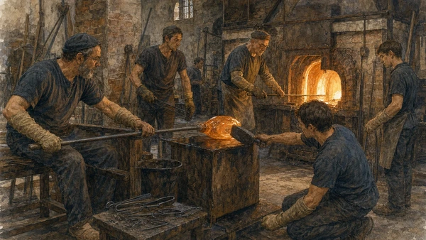 Original documentary watercolour of a coordinated team shaping molten glass inside a Murano furnace