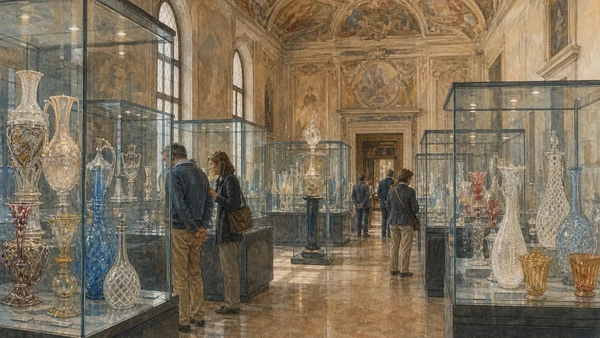 Original documentary watercolour of historic Murano glass displayed inside Palazzo Giustinian