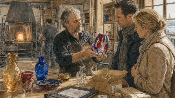 Original documentary watercolour of a Murano maker explaining an object and its documentation to careful buyers