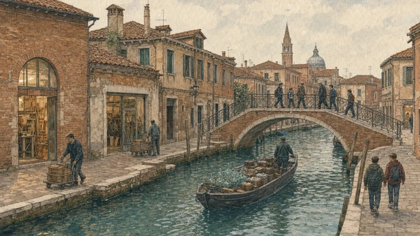 Original documentary watercolour of Rio dei Vetrai with workshops, residents, school movement and glass deliveries