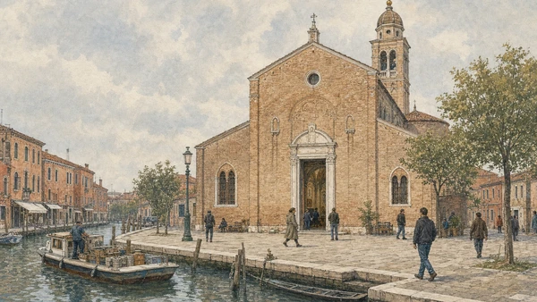 Original documentary watercolour of San Pietro Martire, its canal-side campo and active parish entrance