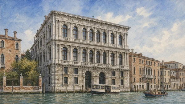 Original documentary watercolour of Ca' Pesaro's Baroque Grand Canal façade, water entrance and working boat traffic