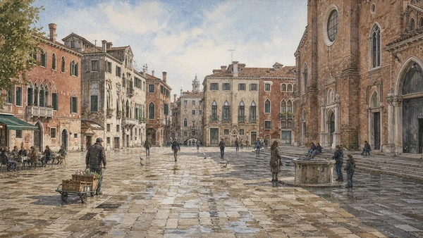 Original documentary watercolour of Campo San Polo as a lived civic space with church edge, wellhead and multiple entrances