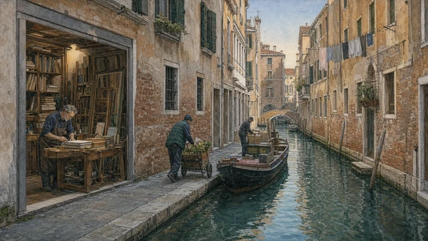 Original documentary watercolour of a San Polo workshop, residential canal, handcart and freight delivery