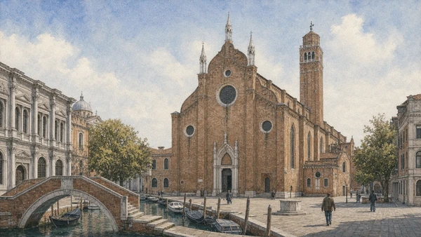 Original documentary watercolour of the Frari exterior, campanile, canal bridge and Campo dei Frari