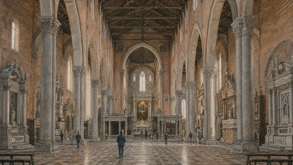 Original documentary watercolour of the Frari nave, choir enclosure, monuments and high altar