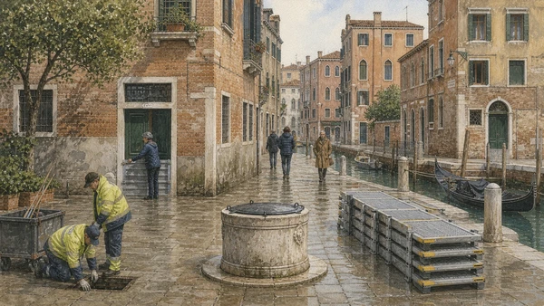 Original documentary watercolour of municipal drainage work, doorway protection and stored high-water walkways in a residential campo